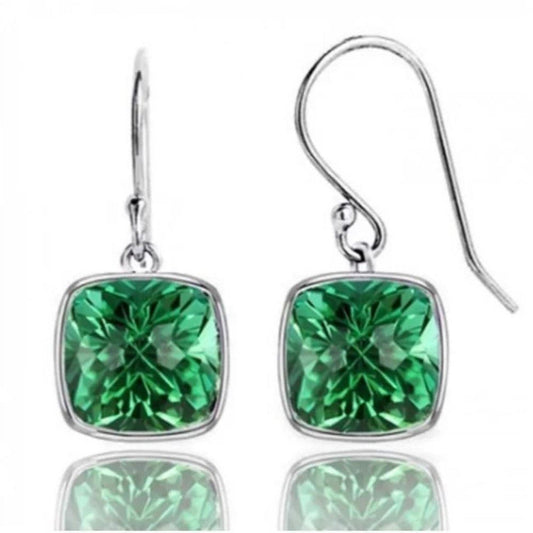 Luxurious 4.50CTW Lab Grown Cushion Cut Emerald Drop Earrings in 925 Sterling Silver - 8mm Square Gems